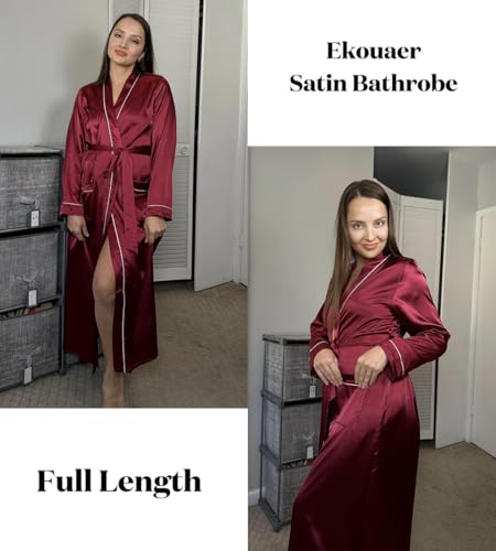 Image of Ekouaer Satin Robes for Women Long Sleeve Silk Bathrobe Soft Lightweight Full Length Sleepwear Bridesmaid Wedding Party Robes
