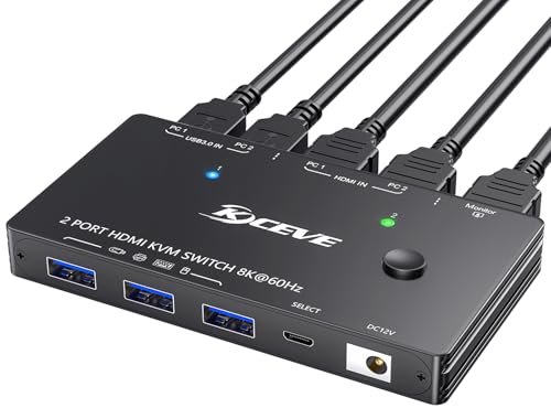 Image of KCEVE KVM Switch 2 Computer 1 Monitor HDMI, KVM Switch 2 Port 8K@60Hz 4K@120Hz, HDMI2.1, HDCP 2.3, HDR 10, 2 Computers Share 1 Monitor Keyboard Mouse, Wired Remote(8K HDMI 2 in 1 Out KVM)