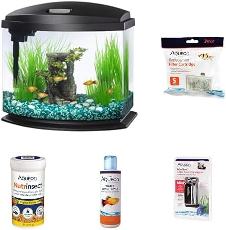 Aqueon LED MiniBow Small Aquarium Fish Tank Kit, Black, 5 Gallon, 3 Pack Replacement Filter Cartridges, Cleaning Magnet, Water Conditioner, and Nutrinsect Fish Food, Tropical Flakes Bundle