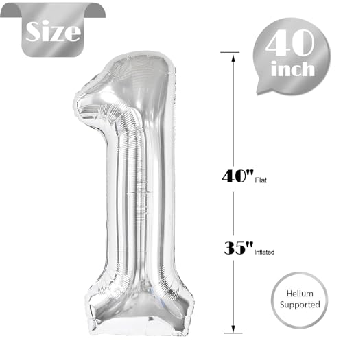 Image of 40 Inch Silver 1 Balloon for First Birthday, 1st Number Balloons Birthday Decorations, One Giant Number 1 Balloon