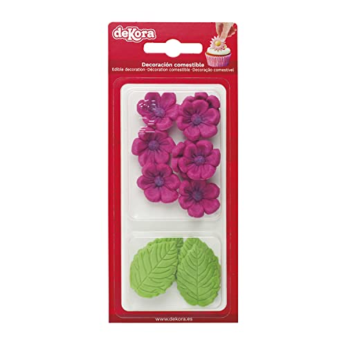 Dekora - Boîte de 8 Fleures Fuchsia et 5 Feuilles Vertes en Sucre - Figurines Comestibles pour Gâteaux - Décoration en Sucre pour Gâteaux d'Anniversaire