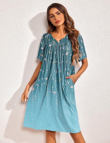 Image of Ekouaer 2 Pack House Dresses for Women with Pockets Short Sleeve Moo Moos Floral Print Mumu Dresses
