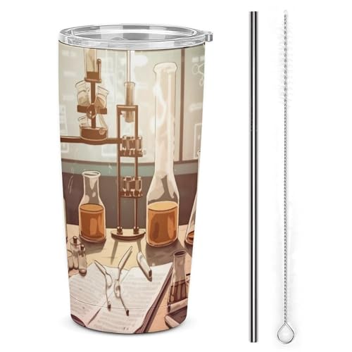 LFDSPYJE Bicchiere da 590 ml in acciaio inox, tazza da viaggio in laboratorio di chimica, bicchiere isolato, a doppia parete, tazza da caffè sottovuoto con coperchio con cannuccia, spazzola per la