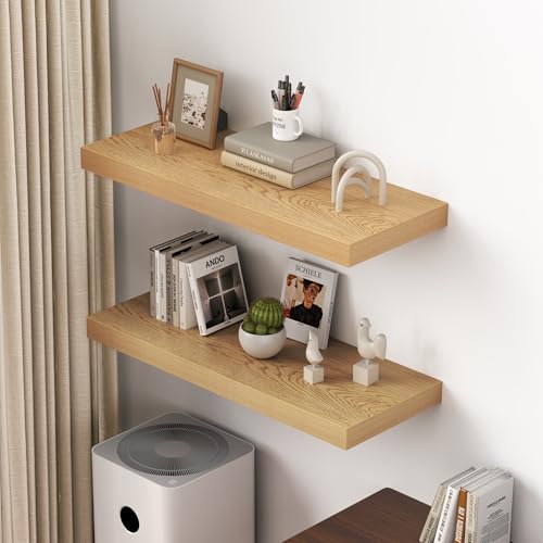 Image of Dreamland 36 inch Floating Shelves for Wall, 12 inch Deep Thicker Oak Floating Shelves, Wall-Mounted Shelves for Bedroom, Living Room, Kitchen, Bathroom - Set of 2