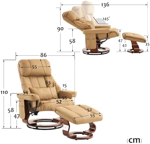 Bild 1 - M MCombo Massagesessel mit Hocker, 360° drehbarer Relaxsessel mit Liegefunktion, moderner TV-Sessel Fernsehsessel mit Seitentasche für Wohnzimmer, Kunstleder, 9068 (Gelbbeige)