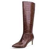 wetkiss Brown Knee High Boots for Women Knee High Crocodile Boots Snake Pointed Toe Tall Brown Snakeskin Stiletto Heel