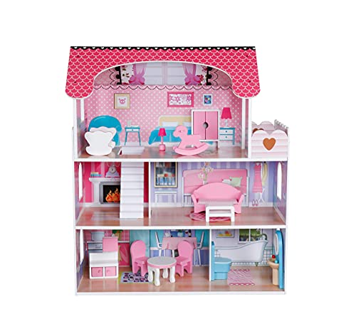 Pidoko Kids Wooden Dollhouse - Includes 12 Pcs Furniture Accessories