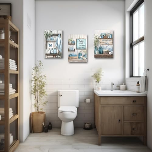 CXHOSTENT 3Pcs Blue Bathroom Wall Art Decor Rustic Bathroom Picture Quotes Sign Canvas Prints Farmhouse Toilet Paintings for Washroom Decor Framed (Blue, 11x14inchx3 Pieces) - 3