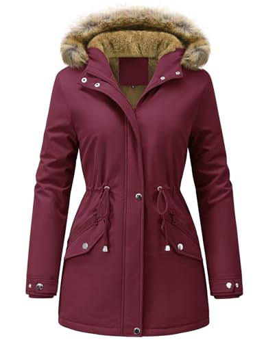 Vijamiy Abrigo Parka Mujer Invierno,Largo Pile Chaqueta Calor con Capucha Winter Jacket Impermeable Cortaviento Elegante Parka Mujer(Burdeos,L)