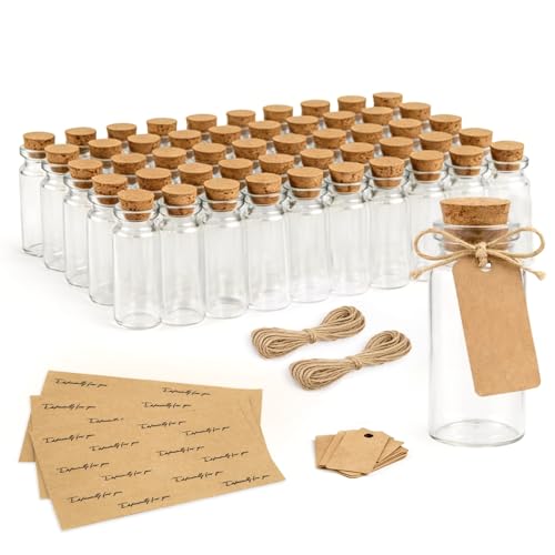 Nymblis 50pcs 25ML Glass Bottles With Cork Stoppers Small Glass Bottles With DIY Label Tags and String Mini Clear Vials for Wedding Favour Party Gifts Decorations