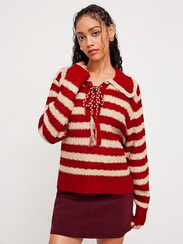 CIDER Striped Sweaters for Women Collar Knit Long Sleeve Knotted Loose Fit Pullover Winter Sweater Fall Tops3