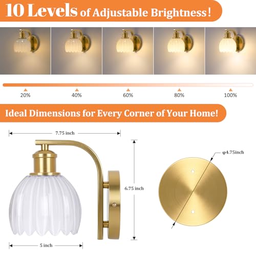 Image of VerRon Rechargeable Battery Operated Wall Sconce with Milky White Glass Lampshade, Wireless Wall Scone Decor with Remote Control, 15 Colors Gold Wall Light for Bedside Hallway Bedroom Doorway