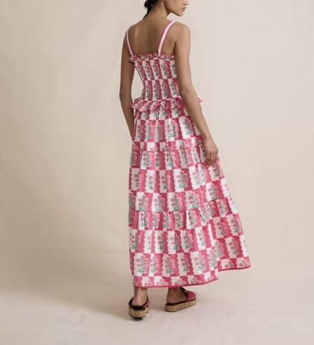 Image of Women Y2k Boho Maxi Dress Tie Shoulder Backless Strappy Tiered Flowy Dress 2024 Summer Floral Beach Sundress