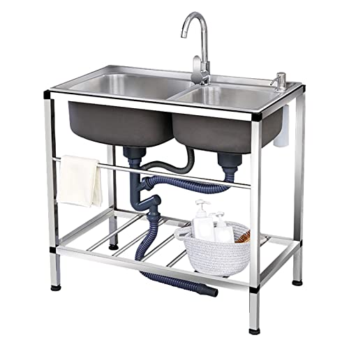 SDdPulse Commercial Pedestal Sink, Commercial Double Bowl Stainless Steel, Utility Stainless Steel Sink, Kitchen Sink with Cold and Hot Water Taps, Kitchen Sink For, Hot