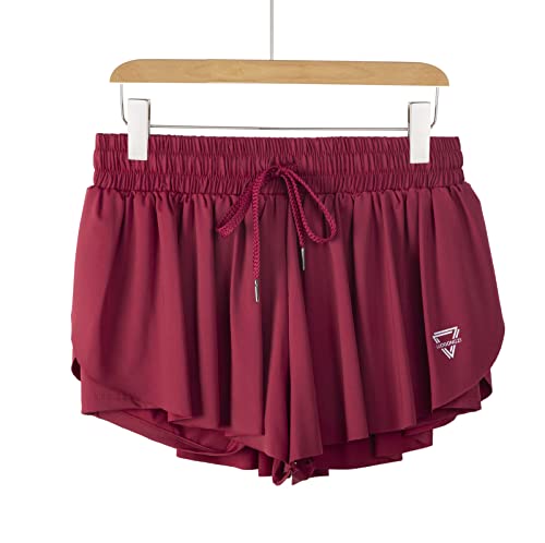 luogongzi 2 in 1 Flowy Womens Sweat Shorts Gym Yoga Athletic Workout Running Biker Spandex Comfy Lounge Skirt Summer (L, Burgundy)