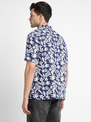 Image of Dennis Lingo Men's Rayon Blue Printed Relaxed Fit Cuban Collar Half Sleeve Casual Shirt