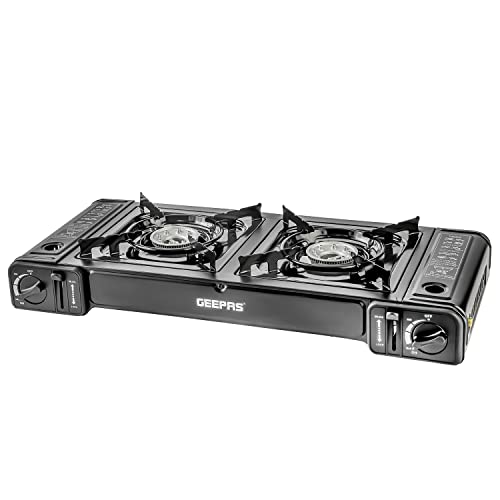 Geepas Portable Camping Gas Stove, Double Burner – BBQ Cooker, Outdoor Grill Plate – Automatic Ignition System, Enamel Pan Support, Butane Can or LPG Gas Source - BBQ Caravan Outdoor, Black Stove