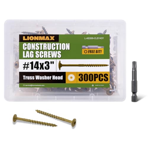LIONMAX Lag Screws 3 Inch, Structural Wood Screw #14 x 3, 300-PCS Heavy Duty Construction Screw, Rust Resistant, Washer Head, Bronze Coated Exterior Wood/Lag/Timber Screws, Star Drive with Bit