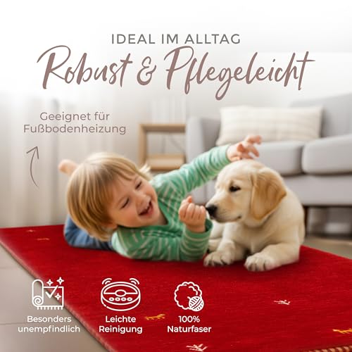 carpetfine Wollteppich Gabbeh Uni Läufer Rot 80x300 cm | Moderner Teppich für Wohn- und Schlafzimmer