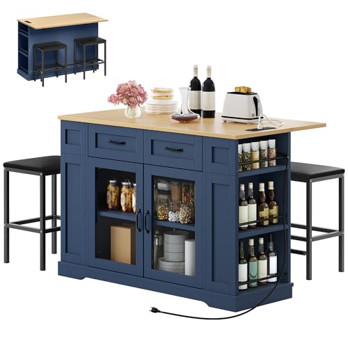 YITAHOME Kitchen Island with Seating, 47 Inch Mobile Storage Island with Drop Leaf, Rolling Islands Table with Power Outlet & Spice Rack, 2 Upholstered Stools and Footrest, for Dining Room, Navy Blue