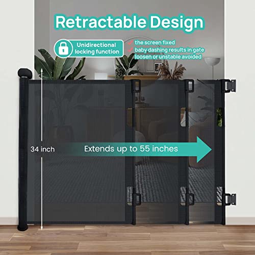 Petgod Retractable Baby Gate, Upgraded One-Way Lock Mesh Dog Gate Tall 34”, Extends Up To 55” Extra Wide Pet Gate And Safety Child Gate For Stairs, Doorways, Hallways, Banisters, Indoors, Outdoors #TOP2