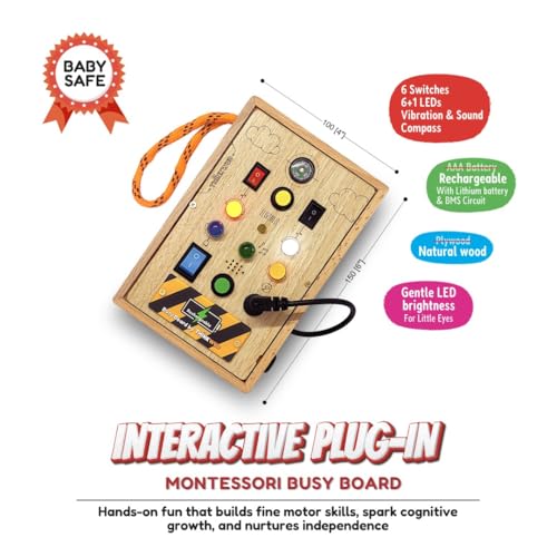 Image of Interactive Plug-in (Rechargeable), Montessori Busy Board for Toddlers 1-6 Years, Sensory Toy with Lights & Switches, Fine Motor Skills, Hand Eye Coordination, Screen-Free Travel Toy, BIS Certified