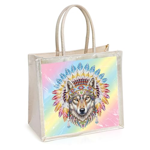 CXINLky Bolsa de pintura de arte de perlas de bricolaje, bolsa de lona de colores con cuentas de lino, bolsa organizadora, bolsa de tela, bolsa de compra 08 lobo