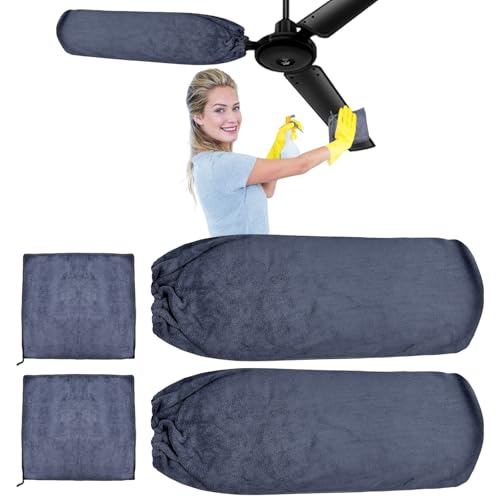 4 PCS Ceiling Fan Duster Kits,100% Microfibre Fan Blade Cleaner for high Ceiling Fan Blades.Machine Washable and Reusable,Includes 2 Ceiling Fan dusters and 2 Microfibre Towels?Grey? (Grey)