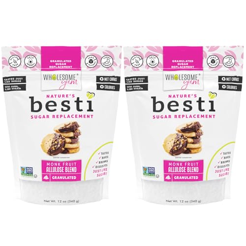 Wholesome Yum Besti Natural Sugar Substitute - Keto Granulated Monk Fruit Sweetener Blend With Allulose (No Erythritol) - Non GMO, Zero Calorie, Zero Carb, Sugar Free, No Aftertaste (12 oz, 2 Pack)