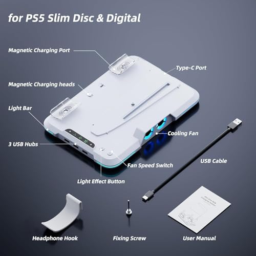 Suporte de estação de resfriamento para PS5 Slim com estação de carregamento de controlador duplo, v