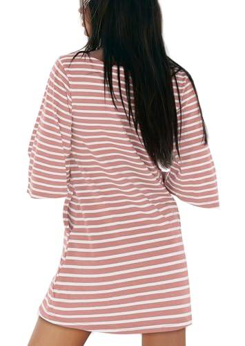 Image of Yousify Women's T Shirt Dress Cotton Summer Dresses 2026 Casual Loose Short Sleeve Striped Mini Dress with Pockets
