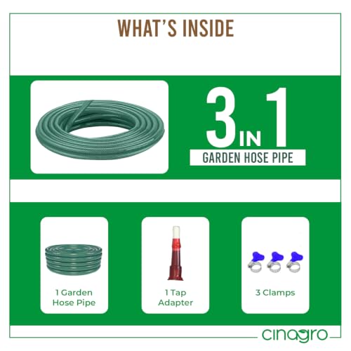 Image of Cinagro 10 Meter, 0.5 Inch, 3 Layer Braided PVC Garden Hose Pipe, Green | With Tap Adapter, 3 Clamps, Heavy Duty, Flexible, Car Wash, Garden Watering