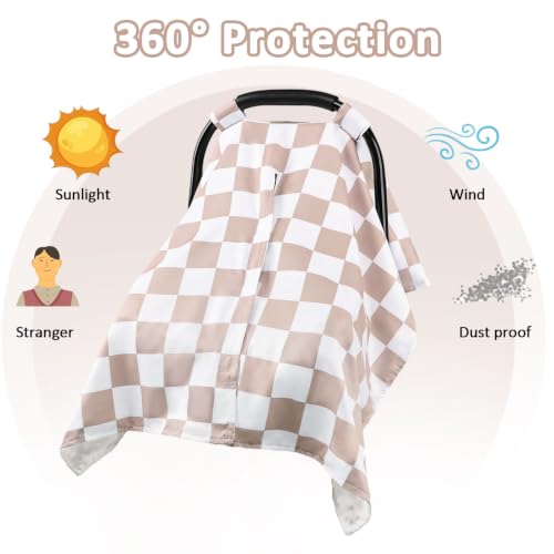 Image of DILIMI Baby Car Seat Cover, Minky Warm Car Seat Covers for Babies, Peekaboo Opening Infant Car Seat Cover, Nursing Cover Carseat Canopy, Coffee Checkered