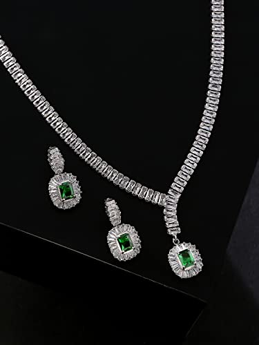 Image of Yellow Chimes Jewellery Set for Women Rhodium Plated Cubic Zircon Silver Necklace with Earring Set Floral Design Classic CZ Stoned Jewellery Set for Women and Girls