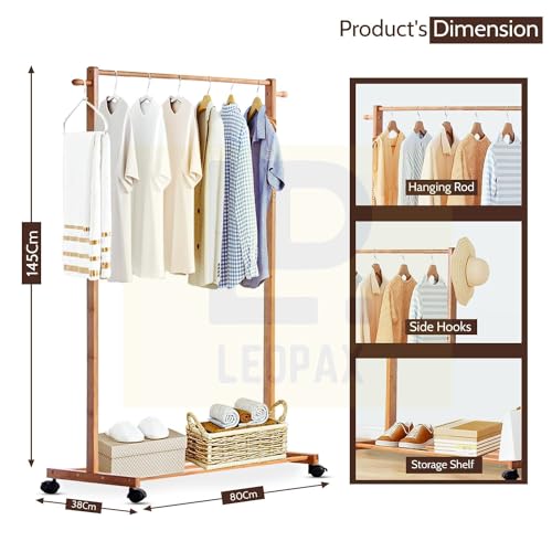 Image of LEOPAX Bamboo Rolling Coat Rack with 2 Side Hook Garment Rack with Shoe Storage Shelves for Entryway Living Room Bedroom Hallway - Do It Yourself - Beige Color - Size - (80 x 38 x 145cm)