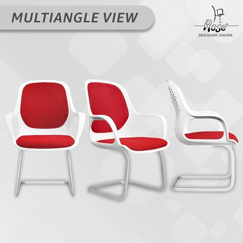 Image of ROSE Zaria | 3 Years Brand Warranty | Ergonomic mesh mid-Back Office Chair, Perfect for Study, Work from Home, revolving, Rolling Computer Desk Chair (White & Red, Visitor)