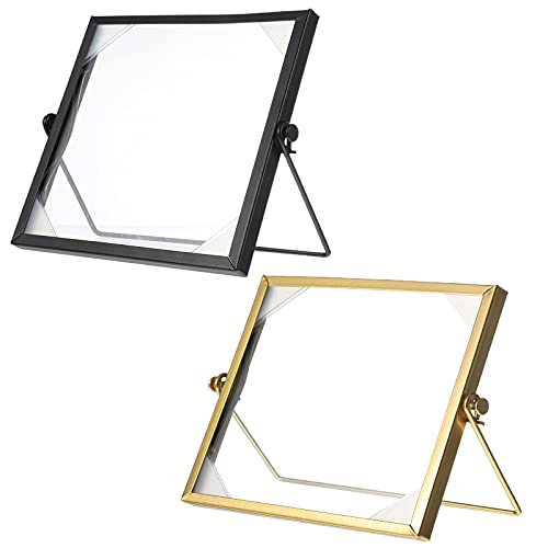 Marco de Fotos Vertical, 2 Pcs Marco Geometrico, Marco de Fotos de Cristal, Marco Flotante de Cristal, para Fotos, Flor, Planta, Muestra, Retrato, Pósteres, Certificado, 15 * 15 * 7 cm (Dorado, Negro)