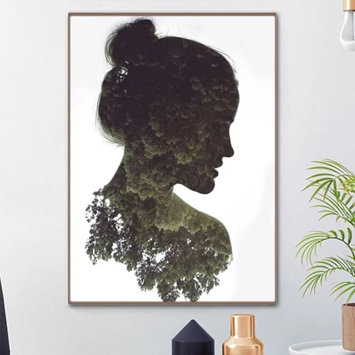 Toile forêt femme silhouette art mural abstrait pour grand décor de salon cosy