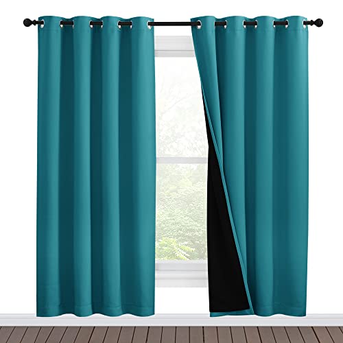 NICETOWN 100% Blackout Short Curtains with Black Liners, 2 Panels, 37" W by 40" L, Peacock Teal, Solid Thermal Insulated Full Blackout 2-Layer Lined D