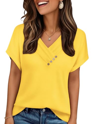 Cuptacc T Shirt Damen V Ausschnitt Mit Knöpfen Bluse Elegantes Kurzarm Solid Color Oberteil Lightweight Airy Beiläufig Tshirt Übergröße Gelb XXXL