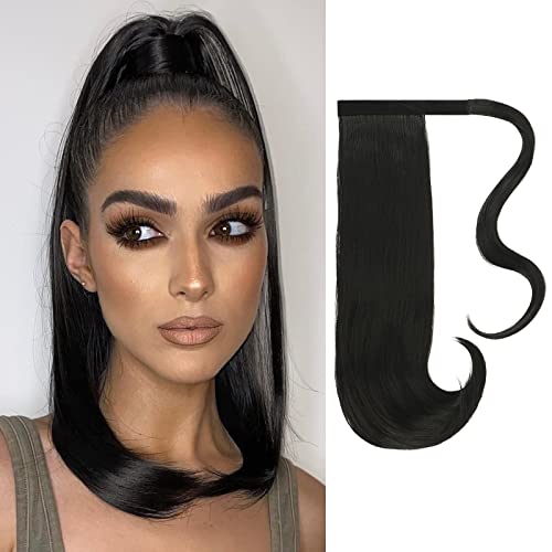 FESHFEN Ponytail Extension 18" Wrap Around Pony Tail Clip in Hair Piece Long Straight Ponytails Hair Extension Off Black Pony Tails Synthetic Hairpieces for Women