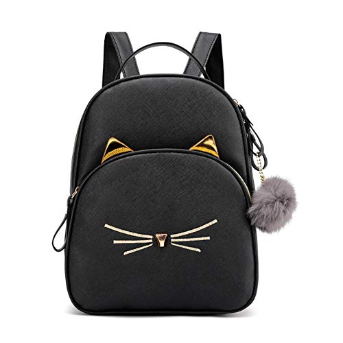 UEB Sac À Dos Fille Chat De Dessin Animé Adolescents en Cuir PU Sacs À Bandoulière Cartoon Chat Satchel Noir