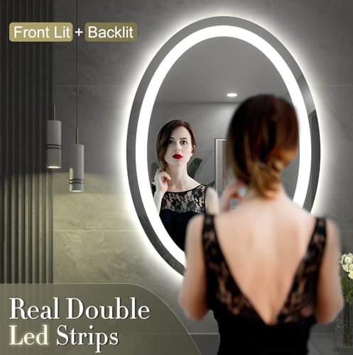 SMIROR 28x36 Oval LED Bathroom Mirror, Lighted Vanity Mirror for Wall, Anti-Fog, Shatter-Proof, Dimmable, Memory, 3 Colors (Front Lights + Backlit) by SMIROR - Used condition - Image 2