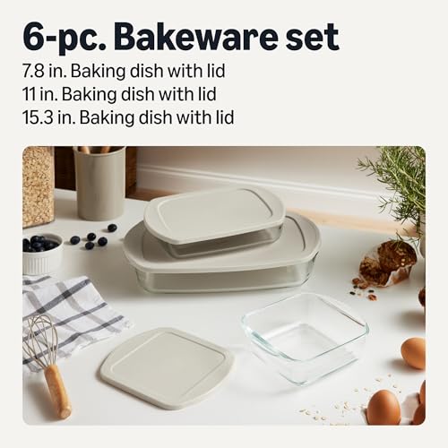 Image of Amazon Basics Glass Baking Dishes with BPA-Free Lids, 6-Piece Bakeware Set, Borosilicate Glass, Oven-Safe up to 752F, Non-Slip and Stackable, Dishwasher-Safe, Linen Gray