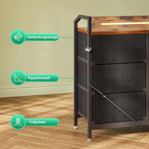 ODK Kommode mit Schubladen, Schubladenschrank mit LED-Lichtstreifen mit 10 Einstellbaren Farben und 2 USB- und 2 AC-Steckdosen, 8 Stoffschubladen, Wohnzimmer Schlafzimmer Kommode, 110*30*88cm Vintage