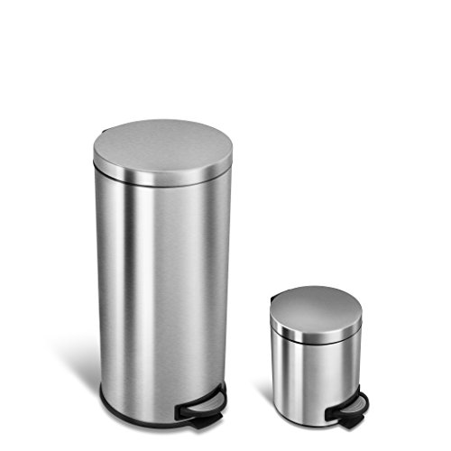 Image of 8 Gallon and 1.2 Gallon Combo Set Round Stainless Steel Step on Trash Can, Fingerprint-Resistant Soft Close Lid Hands-Free Trash can, Removable Plastic Inner Bucket Waste Bin, 8 Gal 30L & 1.2 Gal 5L