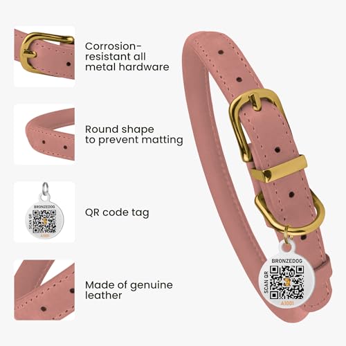 BRONZEDOG Hundehalsband aus gerolltem Leder mit QR-ID-Tag, verstellbar, weiche runde Halsbänder für kleine, mittelgroße und große Hunde, Welpen, Katzen (Rosa, 18-25 cm)