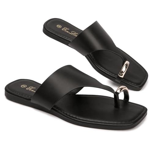 Image of Eozlink Women's Toe Ring Flat Sandals, Slip On Dressy Summer Slides | PU upper with square toe and metal accent for resort and casual outfits
