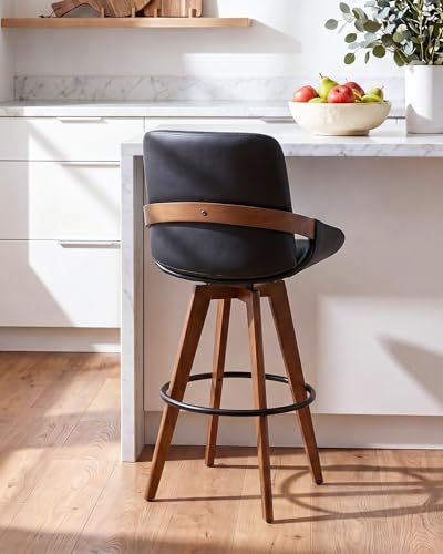 Image of AQG Bar Height Bar Stools Set of 4, Mid Century Modern Bar Chairs Swivel with Back, Faux Leather Upholstered Barstools Walnut Wood Frame for Kitchen Island (Black, 30 Inch - 4 PCS)