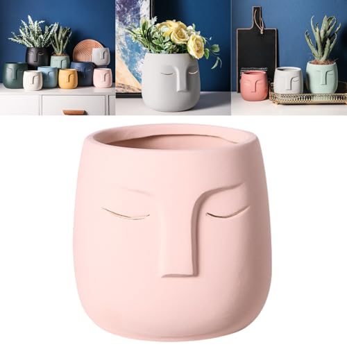 Image of Boxonly Face Planter (Pink, Large, With Hole, Without Tray) - Ceramic Plant Pot for Succulents, Flowers, and Small Plants - Nordic Minimalist Vase for Indoor and Outdoor Home Decor